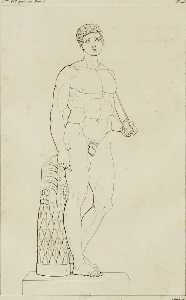 An illustration from Annales du musée et de l'école moderne des beaux-arts : recueil de gravures au trait, d'après les principaux ouvrages de peinture, sculpture, ou projets d'architecture, qui, chaque année, ont remporté le prix, soit aux écoles spéciales, soit aux concours nationaux : les productions des artistes en tous genres, qui, aux différentes expositions, ont été citées avec éloges : les morceaux les plus estimés ou inédits de la galerie de peinture : la suite complète de celle des antiques : édifices anciens et modernes, etc., 1800, leaf 179