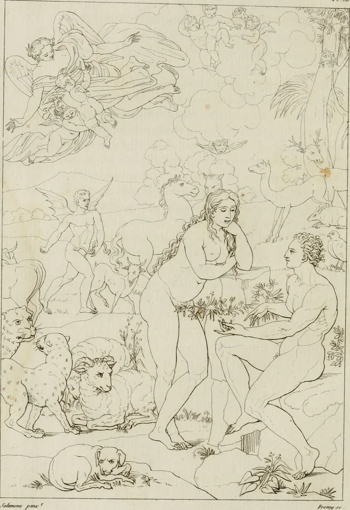 An illustration from Annales du musée et de l'école moderne des beaux-arts : recueil de gravures au trait, d'après les principaux ouvrages de peinture, sculpture, ou projets d'architecture, qui, chaque année, ont remporté le prix, soit aux écoles spéciales, soit aux concours nationaux : les productions des artistes en tous genres, qui, aux différentes expositions, ont été citées avec éloges : les morceaux les plus estimés ou inédits de la galerie de peinture : la suite complète de celle des antiques : édifices anciens et modernes, etc., 1800, leaf 199