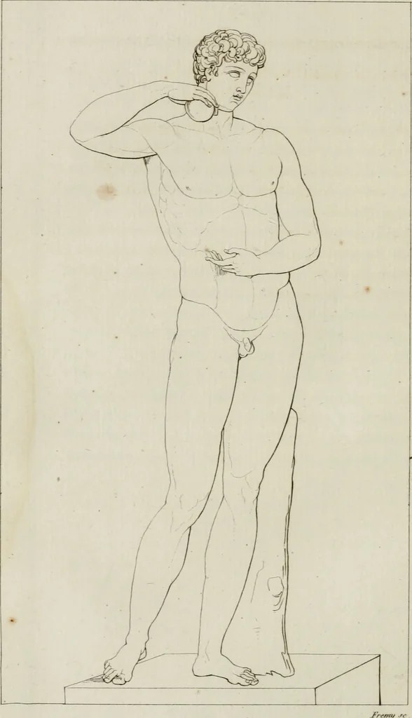 An illustration from Annales du musée et de l'école moderne des beaux-arts : recueil de gravures au trait, d'après les principaux ouvrages de peinture, sculpture, ou projets d'architecture, qui, chaque année, ont remporté le prix, soit aux écoles spéciales, soit aux concours nationaux : les productions des artistes en tous genres, qui, aux différentes expositions, ont été citées avec éloges : les morceaux les plus estimés ou inédits de la galerie de peinture : la suite complète de celle des antiques : édifices anciens et modernes, etc., 1800, leaf 203