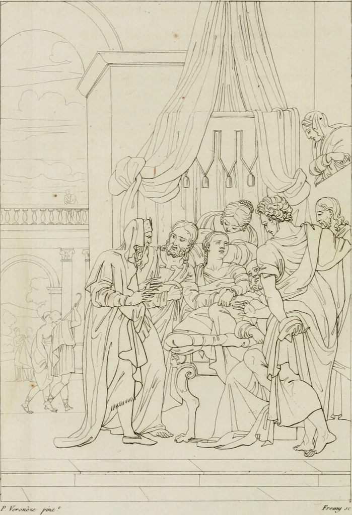 An illustration from Annales du musée et de l'école moderne des beaux-arts : recueil de gravures au trait, d'après les principaux ouvrages de peinture, sculpture, ou projets d'architecture, qui, chaque année, ont remporté le prix, soit aux écoles spéciales, soit aux concours nationaux : les productions des artistes en tous genres, qui, aux différentes expositions, ont été citées avec éloges : les morceaux les plus estimés ou inédits de la galerie de peinture : la suite complète de celle des antiques : édifices anciens et modernes, etc., 1800, leaf 207
