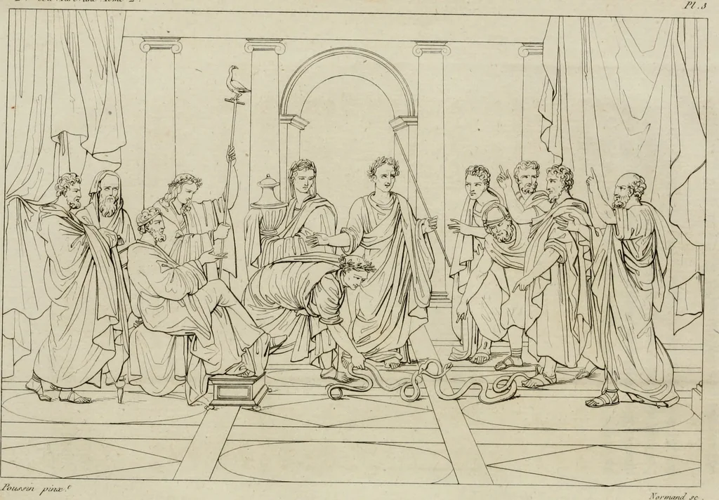 An illustration from Annales du musée et de l'école moderne des beaux-arts : recueil de gravures au trait, d'après les principaux ouvrages de peinture, sculpture, ou projets d'architecture, qui, chaque année, ont remporté le prix, soit aux écoles spéciales, soit aux concours nationaux : les productions des artistes en tous genres, qui, aux différentes expositions, ont été citées avec éloges : les morceaux les plus estimés ou inédits de la galerie de peinture : la suite complète de celle des antiques : édifices anciens et modernes, etc., 1800, leaf 21