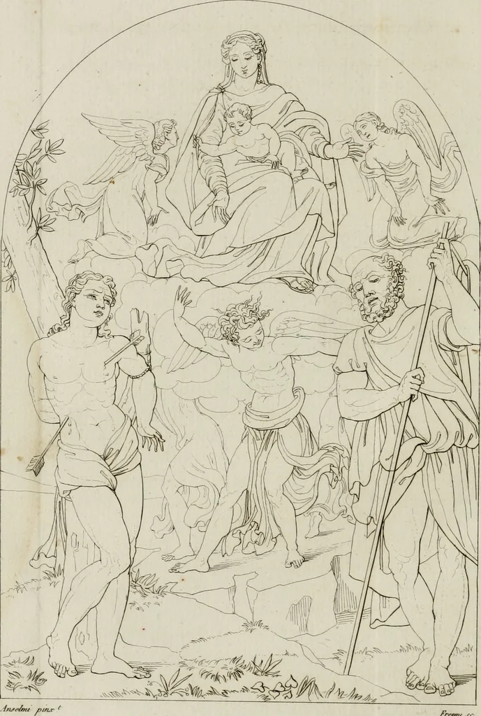 An illustration from Annales du musée et de l'école moderne des beaux-arts : recueil de gravures au trait, d'après les principaux ouvrages de peinture, sculpture, ou projets d'architecture, qui, chaque année, ont remporté le prix, soit aux écoles spéciales, soit aux concours nationaux : les productions des artistes en tous genres, qui, aux différentes expositions, ont été citées avec éloges : les morceaux les plus estimés ou inédits de la galerie de peinture : la suite complète de celle des antiques : édifices anciens et modernes, etc., 1800, leaf 215