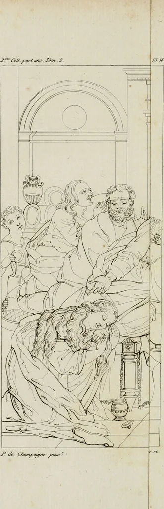 An illustration from Annales du musée et de l'école moderne des beaux-arts : recueil de gravures au trait, d'après les principaux ouvrages de peinture, sculpture, ou projets d'architecture, qui, chaque année, ont remporté le prix, soit aux écoles spéciales, soit aux concours nationaux : les productions des artistes en tous genres, qui, aux différentes expositions, ont été citées avec éloges : les morceaux les plus estimés ou inédits de la galerie de peinture : la suite complète de celle des antiques : édifices anciens et modernes, etc., 1800, leaf 219