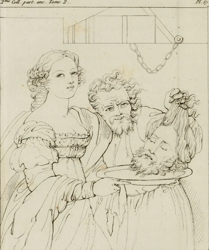 An illustration from Annales du musée et de l'école moderne des beaux-arts : recueil de gravures au trait, d'après les principaux ouvrages de peinture, sculpture, ou projets d'architecture, qui, chaque année, ont remporté le prix, soit aux écoles spéciales, soit aux concours nationaux : les productions des artistes en tous genres, qui, aux différentes expositions, ont été citées avec éloges : les morceaux les plus estimés ou inédits de la galerie de peinture : la suite complète de celle des antiques : édifices anciens et modernes, etc., 1800, leaf 223