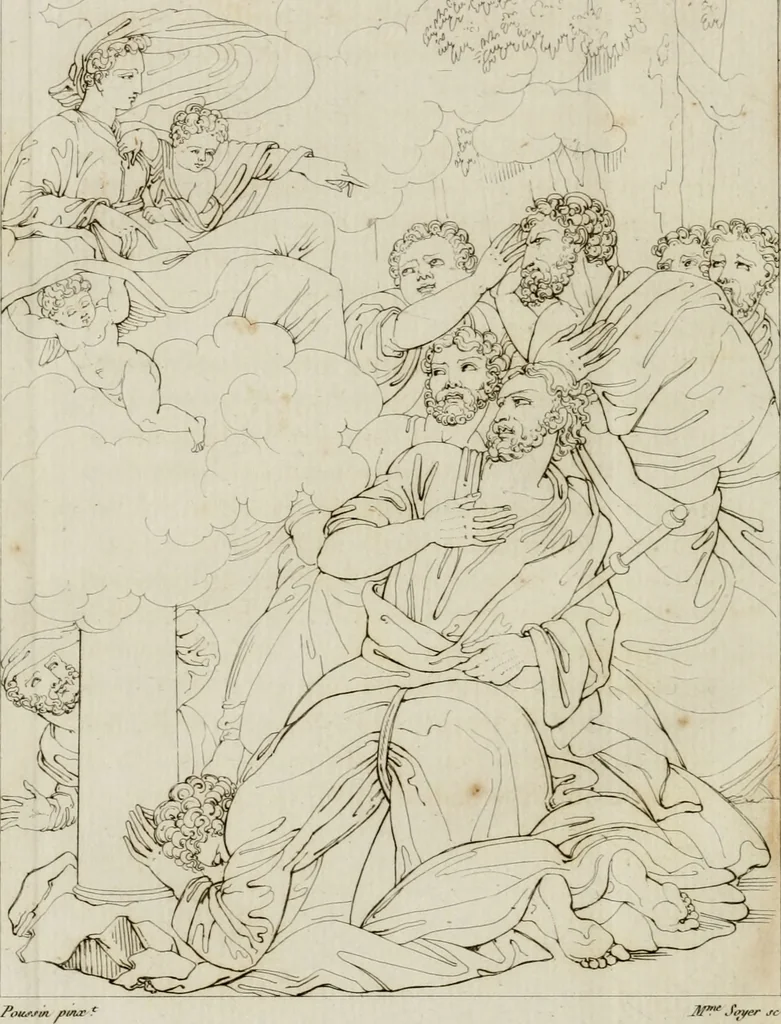 An illustration from Annales du musée et de l'école moderne des beaux-arts : recueil de gravures au trait, d'après les principaux ouvrages de peinture, sculpture, ou projets d'architecture, qui, chaque année, ont remporté le prix, soit aux écoles spéciales, soit aux concours nationaux : les productions des artistes en tous genres, qui, aux différentes expositions, ont été citées avec éloges : les morceaux les plus estimés ou inédits de la galerie de peinture : la suite complète de celle des antiques : édifices anciens et modernes, etc., 1800, leaf 235