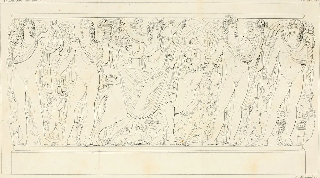 An illustration from Annales du musée et de l'école moderne des beaux-arts : recueil de gravures au trait, d'après les principaux ouvrages de peinture, sculpture, ou projets d'architecture, qui, chaque année, ont remporté le prix, soit aux écoles spéciales, soit aux concours nationaux : les productions des artistes en tous genres, qui, aux différentes expositions, ont été citées avec éloges : les morceaux les plus estimés ou inédits de la galerie de peinture : la suite complète de celle des antiques : édifices anciens et modernes, etc., 1800, leaf 238