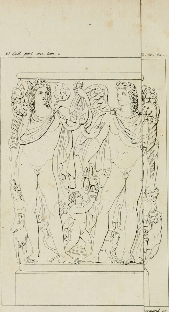 An illustration from Annales du musée et de l'école moderne des beaux-arts : recueil de gravures au trait, d'après les principaux ouvrages de peinture, sculpture, ou projets d'architecture, qui, chaque année, ont remporté le prix, soit aux écoles spéciales, soit aux concours nationaux : les productions des artistes en tous genres, qui, aux différentes expositions, ont été citées avec éloges : les morceaux les plus estimés ou inédits de la galerie de peinture : la suite complète de celle des antiques : édifices anciens et modernes, etc., 1800, leaf 239