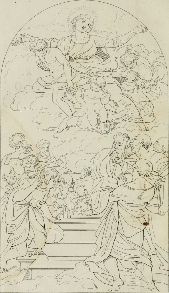 An illustration from Annales du musée et de l'école moderne des beaux-arts : recueil de gravures au trait, d'après les principaux ouvrages de peinture, sculpture, ou projets d'architecture, qui, chaque année, ont remporté le prix, soit aux écoles spéciales, soit aux concours nationaux : les productions des artistes en tous genres, qui, aux différentes expositions, ont été citées avec éloges : les morceaux les plus estimés ou inédits de la galerie de peinture : la suite complète de celle des antiques : édifices anciens et modernes, etc., 1800, leaf 243