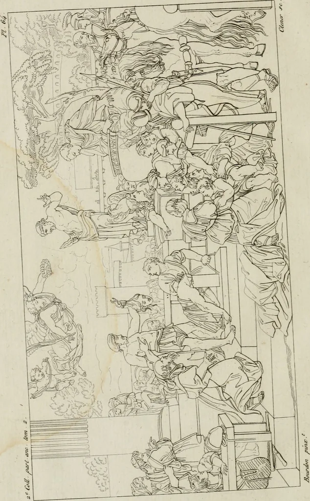 An illustration from Annales du musée et de l'école moderne des beaux-arts : recueil de gravures au trait, d'après les principaux ouvrages de peinture, sculpture, ou projets d'architecture, qui, chaque année, ont remporté le prix, soit aux écoles spéciales, soit aux concours nationaux : les productions des artistes en tous genres, qui, aux différentes expositions, ont été citées avec éloges : les morceaux les plus estimés ou inédits de la galerie de peinture : la suite complète de celle des antiques : édifices anciens et modernes, etc., 1800, leaf 247