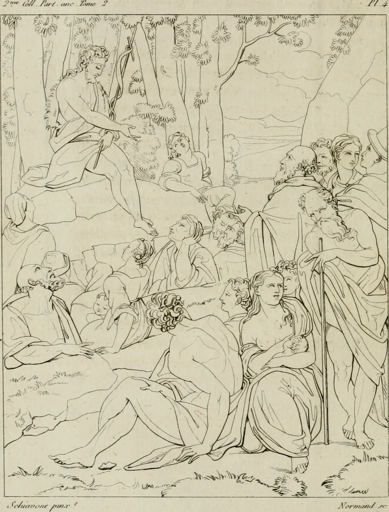 An illustration from Annales du musée et de l'école moderne des beaux-arts : recueil de gravures au trait, d'après les principaux ouvrages de peinture, sculpture, ou projets d'architecture, qui, chaque année, ont remporté le prix, soit aux écoles spéciales, soit aux concours nationaux : les productions des artistes en tous genres, qui, aux différentes expositions, ont été citées avec éloges : les morceaux les plus estimés ou inédits de la galerie de peinture : la suite complète de celle des antiques : édifices anciens et modernes, etc., 1800, leaf 25