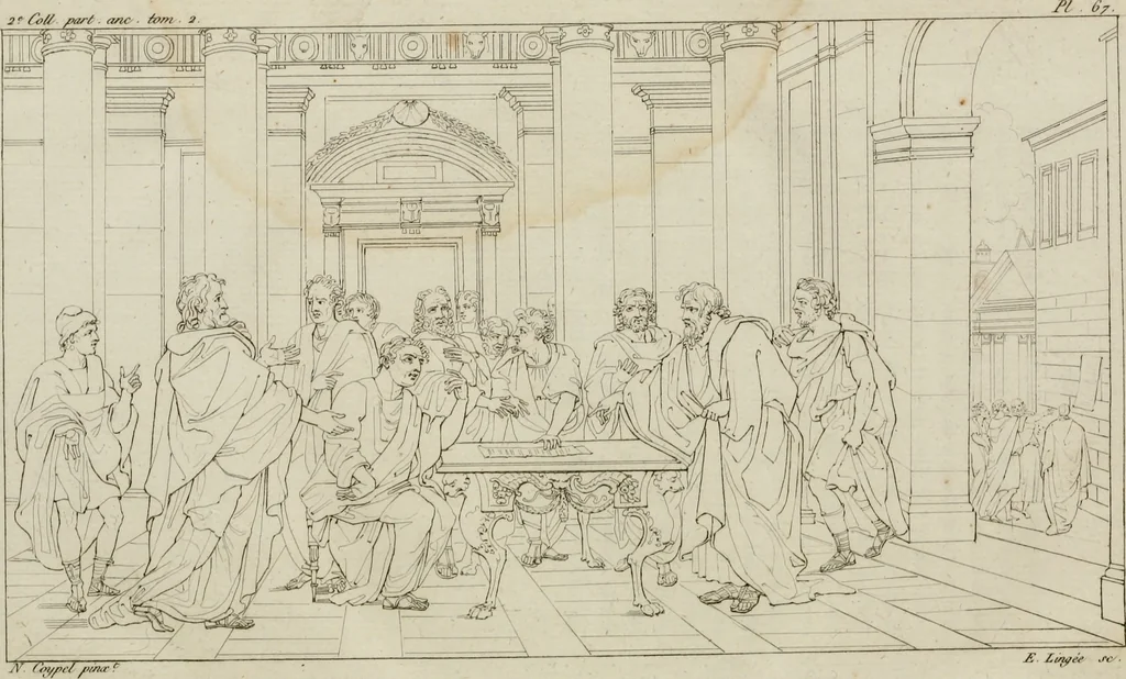 An illustration from Annales du musée et de l'école moderne des beaux-arts : recueil de gravures au trait, d'après les principaux ouvrages de peinture, sculpture, ou projets d'architecture, qui, chaque année, ont remporté le prix, soit aux écoles spéciales, soit aux concours nationaux : les productions des artistes en tous genres, qui, aux différentes expositions, ont été citées avec éloges : les morceaux les plus estimés ou inédits de la galerie de peinture : la suite complète de celle des antiques : édifices anciens et modernes, etc., 1800, leaf 259