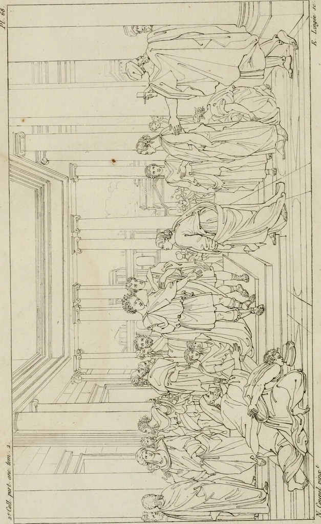 An illustration from Annales du musée et de l'école moderne des beaux-arts : recueil de gravures au trait, d'après les principaux ouvrages de peinture, sculpture, ou projets d'architecture, qui, chaque année, ont remporté le prix, soit aux écoles spéciales, soit aux concours nationaux : les productions des artistes en tous genres, qui, aux différentes expositions, ont été citées avec éloges : les morceaux les plus estimés ou inédits de la galerie de peinture : la suite complète de celle des antiques : édifices anciens et modernes, etc., 1800, leaf 263