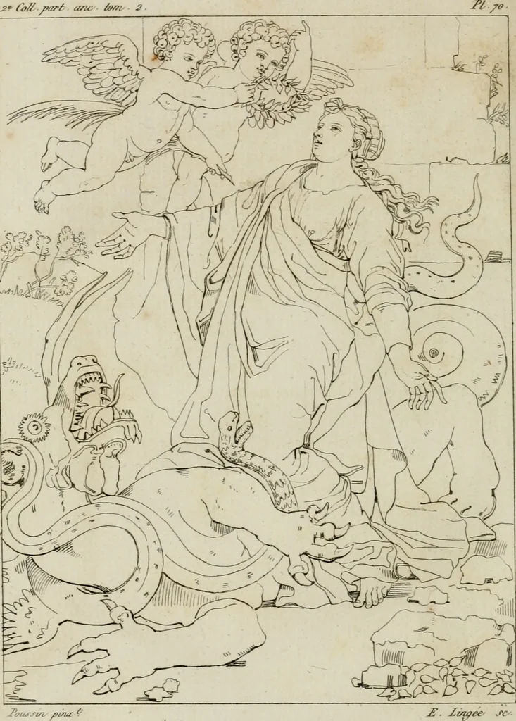 An illustration from Annales du musée et de l'école moderne des beaux-arts : recueil de gravures au trait, d'après les principaux ouvrages de peinture, sculpture, ou projets d'architecture, qui, chaque année, ont remporté le prix, soit aux écoles spéciales, soit aux concours nationaux : les productions des artistes en tous genres, qui, aux différentes expositions, ont été citées avec éloges : les morceaux les plus estimés ou inédits de la galerie de peinture : la suite complète de celle des antiques : édifices anciens et modernes, etc., 1800, leaf 271