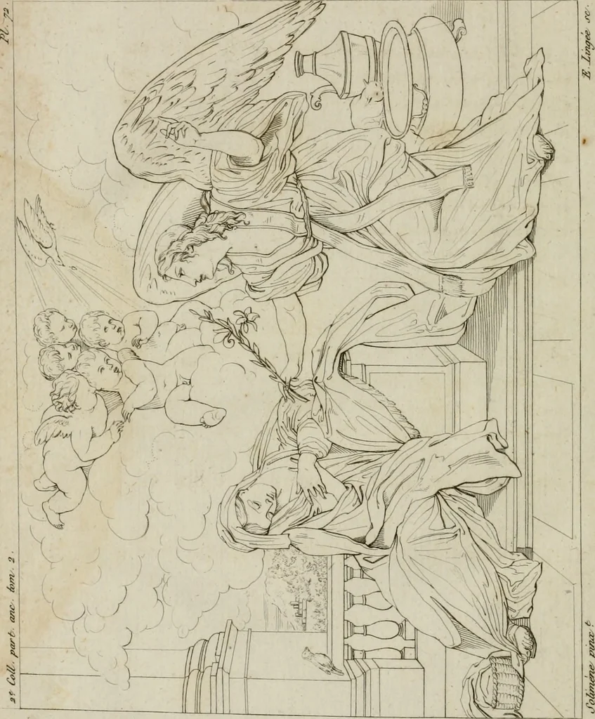 An illustration from Annales du musée et de l'école moderne des beaux-arts : recueil de gravures au trait, d'après les principaux ouvrages de peinture, sculpture, ou projets d'architecture, qui, chaque année, ont remporté le prix, soit aux écoles spéciales, soit aux concours nationaux : les productions des artistes en tous genres, qui, aux différentes expositions, ont été citées avec éloges : les morceaux les plus estimés ou inédits de la galerie de peinture : la suite complète de celle des antiques : édifices anciens et modernes, etc., 1800, leaf 279