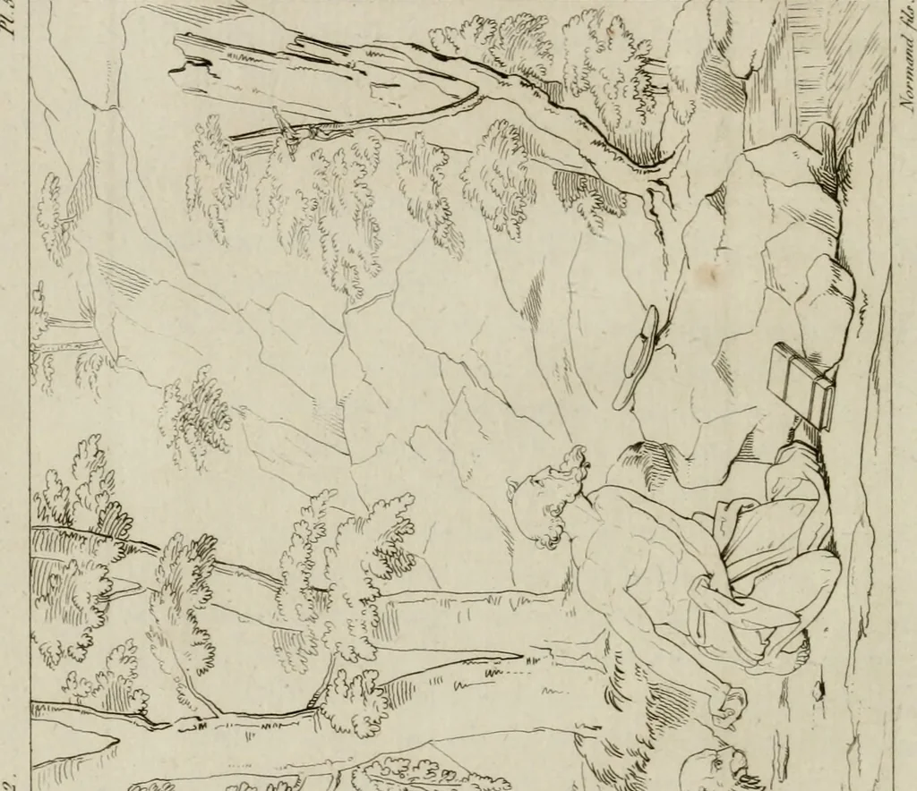 An illustration from Annales du musée et de l'école moderne des beaux-arts : recueil de gravures au trait, d'après les principaux ouvrages de peinture, sculpture, ou projets d'architecture, qui, chaque année, ont remporté le prix, soit aux écoles spéciales, soit aux concours nationaux : les productions des artistes en tous genres, qui, aux différentes expositions, ont été citées avec éloges : les morceaux les plus estimés ou inédits de la galerie de peinture : la suite complète de celle des antiques : édifices anciens et modernes, etc., 1800, leaf 29