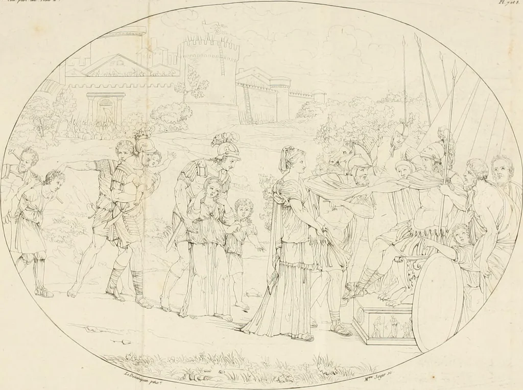 An illustration from Annales du musée et de l'école moderne des beaux-arts : recueil de gravures au trait, d'après les principaux ouvrages de peinture, sculpture, ou projets d'architecture, qui, chaque année, ont remporté le prix, soit aux écoles spéciales, soit aux concours nationaux : les productions des artistes en tous genres, qui, aux différentes expositions, ont été citées avec éloges : les morceaux les plus estimés ou inédits de la galerie de peinture : la suite complète de celle des antiques : édifices anciens et modernes, etc., 1800, leaf 36