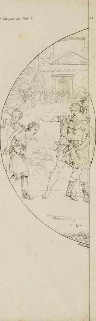 An illustration from Annales du musée et de l'école moderne des beaux-arts : recueil de gravures au trait, d'après les principaux ouvrages de peinture, sculpture, ou projets d'architecture, qui, chaque année, ont remporté le prix, soit aux écoles spéciales, soit aux concours nationaux : les productions des artistes en tous genres, qui, aux différentes expositions, ont été citées avec éloges : les morceaux les plus estimés ou inédits de la galerie de peinture : la suite complète de celle des antiques : édifices anciens et modernes, etc., 1800, leaf 37
