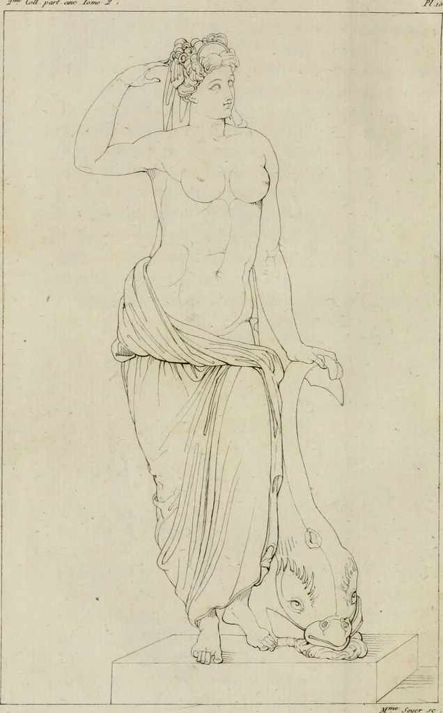 An illustration from Annales du musée et de l'école moderne des beaux-arts : recueil de gravures au trait, d'après les principaux ouvrages de peinture, sculpture, ou projets d'architecture, qui, chaque année, ont remporté le prix, soit aux écoles spéciales, soit aux concours nationaux : les productions des artistes en tous genres, qui, aux différentes expositions, ont été citées avec éloges : les morceaux les plus estimés ou inédits de la galerie de peinture : la suite complète de celle des antiques : édifices anciens et modernes, etc., 1800, leaf 45