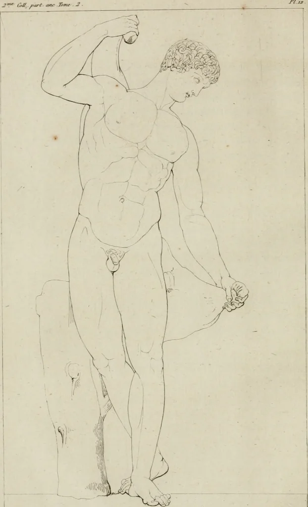 An illustration from Annales du musée et de l'école moderne des beaux-arts : recueil de gravures au trait, d'après les principaux ouvrages de peinture, sculpture, ou projets d'architecture, qui, chaque année, ont remporté le prix, soit aux écoles spéciales, soit aux concours nationaux : les productions des artistes en tous genres, qui, aux différentes expositions, ont été citées avec éloges : les morceaux les plus estimés ou inédits de la galerie de peinture : la suite complète de celle des antiques : édifices anciens et modernes, etc., 1800, leaf 53