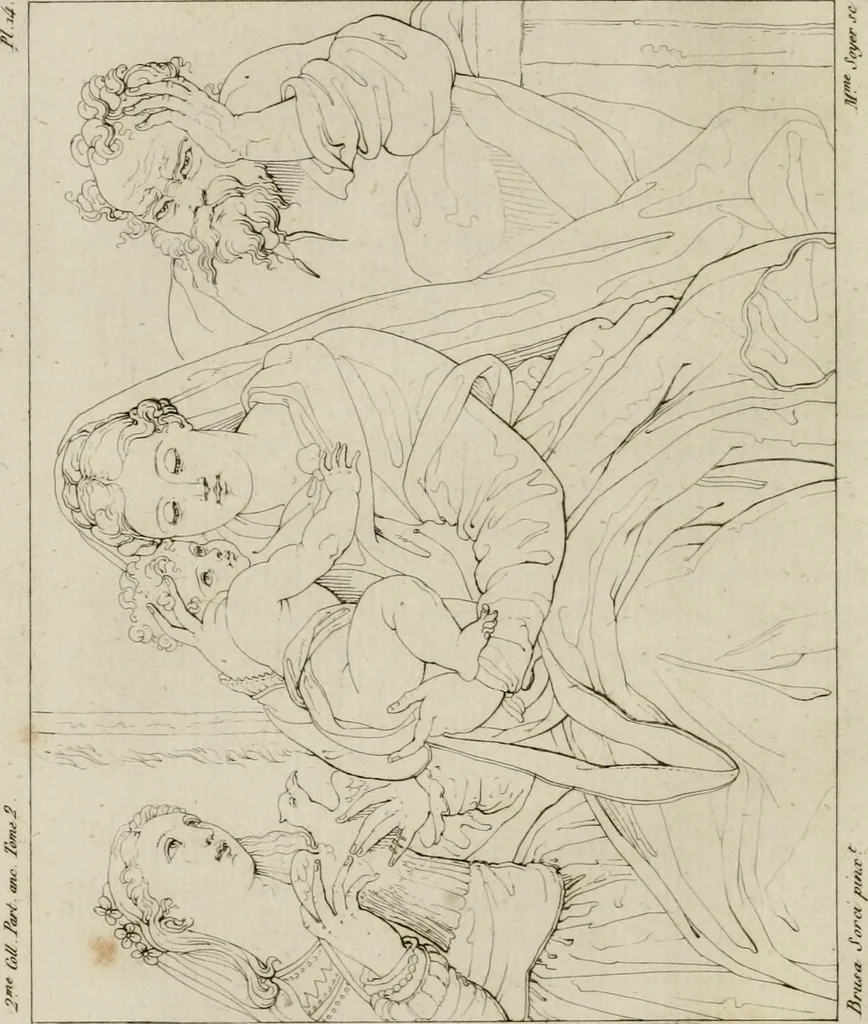 An illustration from Annales du musée et de l'école moderne des beaux-arts : recueil de gravures au trait, d'après les principaux ouvrages de peinture, sculpture, ou projets d'architecture, qui, chaque année, ont remporté le prix, soit aux écoles spéciales, soit aux concours nationaux : les productions des artistes en tous genres, qui, aux différentes expositions, ont été citées avec éloges : les morceaux les plus estimés ou inédits de la galerie de peinture : la suite complète de celle des antiques : édifices anciens et modernes, etc., 1800, leaf 61
