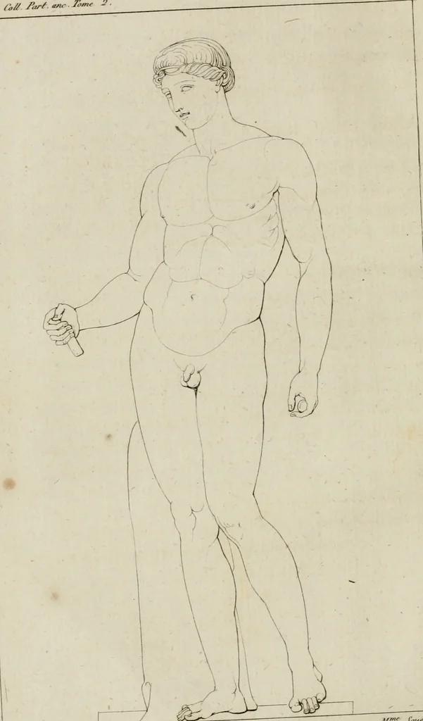 An illustration from Annales du musée et de l'école moderne des beaux-arts : recueil de gravures au trait, d'après les principaux ouvrages de peinture, sculpture, ou projets d'architecture, qui, chaque année, ont remporté le prix, soit aux écoles spéciales, soit aux concours nationaux : les productions des artistes en tous genres, qui, aux différentes expositions, ont été citées avec éloges : les morceaux les plus estimés ou inédits de la galerie de peinture : la suite complète de celle des antiques : édifices anciens et modernes, etc., 1800, leaf 65