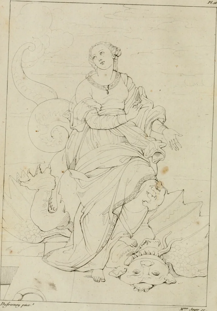 An illustration from Annales du musée et de l'école moderne des beaux-arts : recueil de gravures au trait, d'après les principaux ouvrages de peinture, sculpture, ou projets d'architecture, qui, chaque année, ont remporté le prix, soit aux écoles spéciales, soit aux concours nationaux : les productions des artistes en tous genres, qui, aux différentes expositions, ont été citées avec éloges : les morceaux les plus estimés ou inédits de la galerie de peinture : la suite complète de celle des antiques : édifices anciens et modernes, etc., 1800, leaf 69