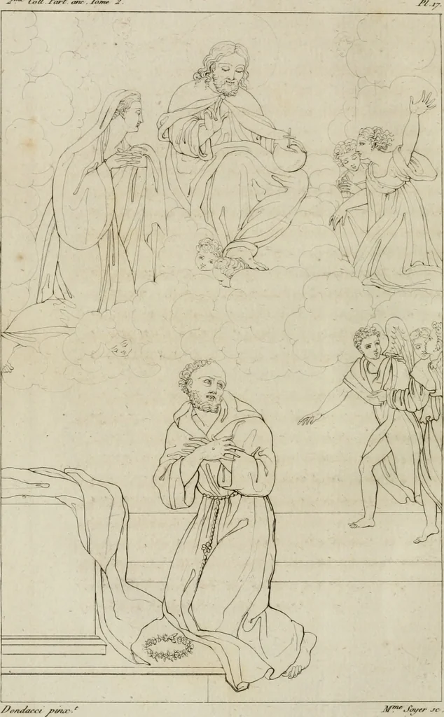 An illustration from Annales du musée et de l'école moderne des beaux-arts : recueil de gravures au trait, d'après les principaux ouvrages de peinture, sculpture, ou projets d'architecture, qui, chaque année, ont remporté le prix, soit aux écoles spéciales, soit aux concours nationaux : les productions des artistes en tous genres, qui, aux différentes expositions, ont été citées avec éloges : les morceaux les plus estimés ou inédits de la galerie de peinture : la suite complète de celle des antiques : édifices anciens et modernes, etc., 1800, leaf 73