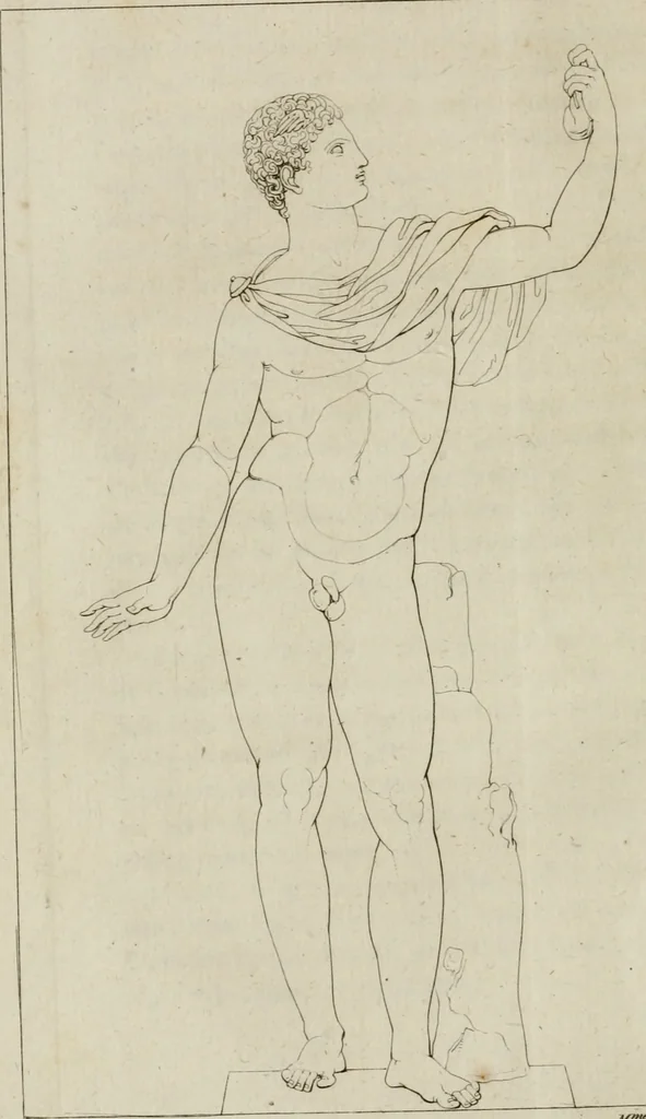 An illustration from Annales du musée et de l'école moderne des beaux-arts : recueil de gravures au trait, d'après les principaux ouvrages de peinture, sculpture, ou projets d'architecture, qui, chaque année, ont remporté le prix, soit aux écoles spéciales, soit aux concours nationaux : les productions des artistes en tous genres, qui, aux différentes expositions, ont été citées avec éloges : les morceaux les plus estimés ou inédits de la galerie de peinture : la suite complète de celle des antiques : édifices anciens et modernes, etc., 1800, leaf 77