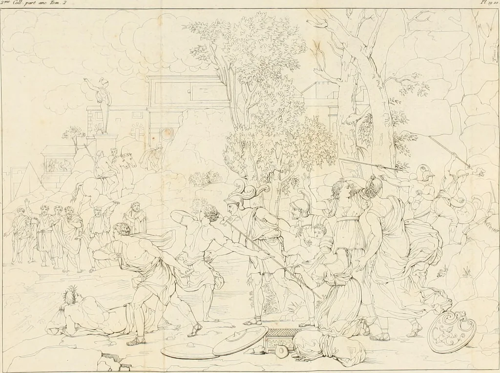 An illustration from Annales du musée et de l'école moderne des beaux-arts : recueil de gravures au trait, d'après les principaux ouvrages de peinture, sculpture, ou projets d'architecture, qui, chaque année, ont remporté le prix, soit aux écoles spéciales, soit aux concours nationaux : les productions des artistes en tous genres, qui, aux différentes expositions, ont été citées avec éloges : les morceaux les plus estimés ou inédits de la galerie de peinture : la suite complète de celle des antiques : édifices anciens et modernes, etc., 1800, leaf 80