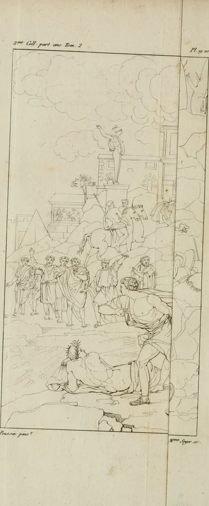 An illustration from Annales du musée et de l'école moderne des beaux-arts : recueil de gravures au trait, d'après les principaux ouvrages de peinture, sculpture, ou projets d'architecture, qui, chaque année, ont remporté le prix, soit aux écoles spéciales, soit aux concours nationaux : les productions des artistes en tous genres, qui, aux différentes expositions, ont été citées avec éloges : les morceaux les plus estimés ou inédits de la galerie de peinture : la suite complète de celle des antiques : édifices anciens et modernes, etc., 1800, leaf 81