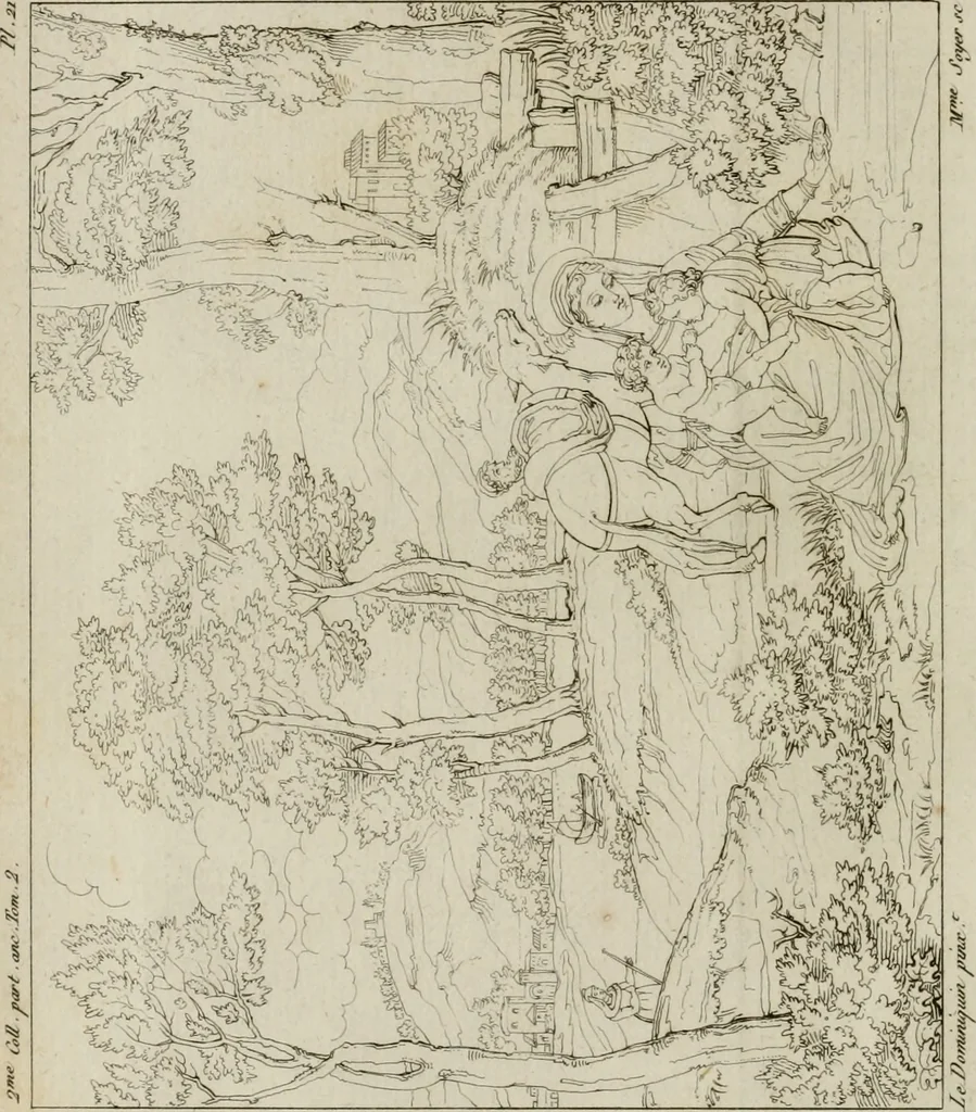 An illustration from Annales du musée et de l'école moderne des beaux-arts : recueil de gravures au trait, d'après les principaux ouvrages de peinture, sculpture, ou projets d'architecture, qui, chaque année, ont remporté le prix, soit aux écoles spéciales, soit aux concours nationaux : les productions des artistes en tous genres, qui, aux différentes expositions, ont été citées avec éloges : les morceaux les plus estimés ou inédits de la galerie de peinture : la suite complète de celle des antiques : édifices anciens et modernes, etc., 1800, leaf 85