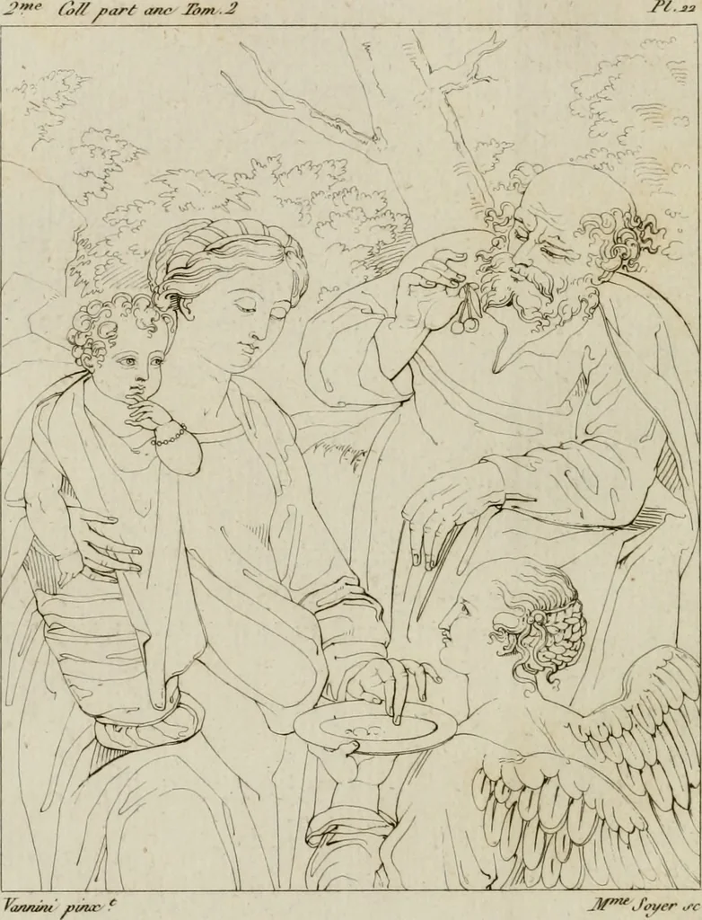 An illustration from Annales du musée et de l'école moderne des beaux-arts : recueil de gravures au trait, d'après les principaux ouvrages de peinture, sculpture, ou projets d'architecture, qui, chaque année, ont remporté le prix, soit aux écoles spéciales, soit aux concours nationaux : les productions des artistes en tous genres, qui, aux différentes expositions, ont été citées avec éloges : les morceaux les plus estimés ou inédits de la galerie de peinture : la suite complète de celle des antiques : édifices anciens et modernes, etc., 1800, leaf 89