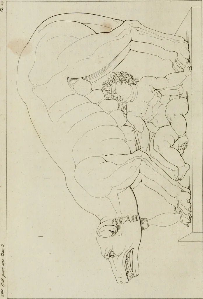 An illustration from Annales du musée et de l'école moderne des beaux-arts : recueil de gravures au trait, d'après les principaux ouvrages de peinture, sculpture, ou projets d'architecture, qui, chaque année, ont remporté le prix, soit aux écoles spéciales, soit aux concours nationaux : les productions des artistes en tous genres, qui, aux différentes expositions, ont été citées avec éloges : les morceaux les plus estimés ou inédits de la galerie de peinture : la suite complète de celle des antiques : édifices anciens et modernes, etc., 1800, leaf 97