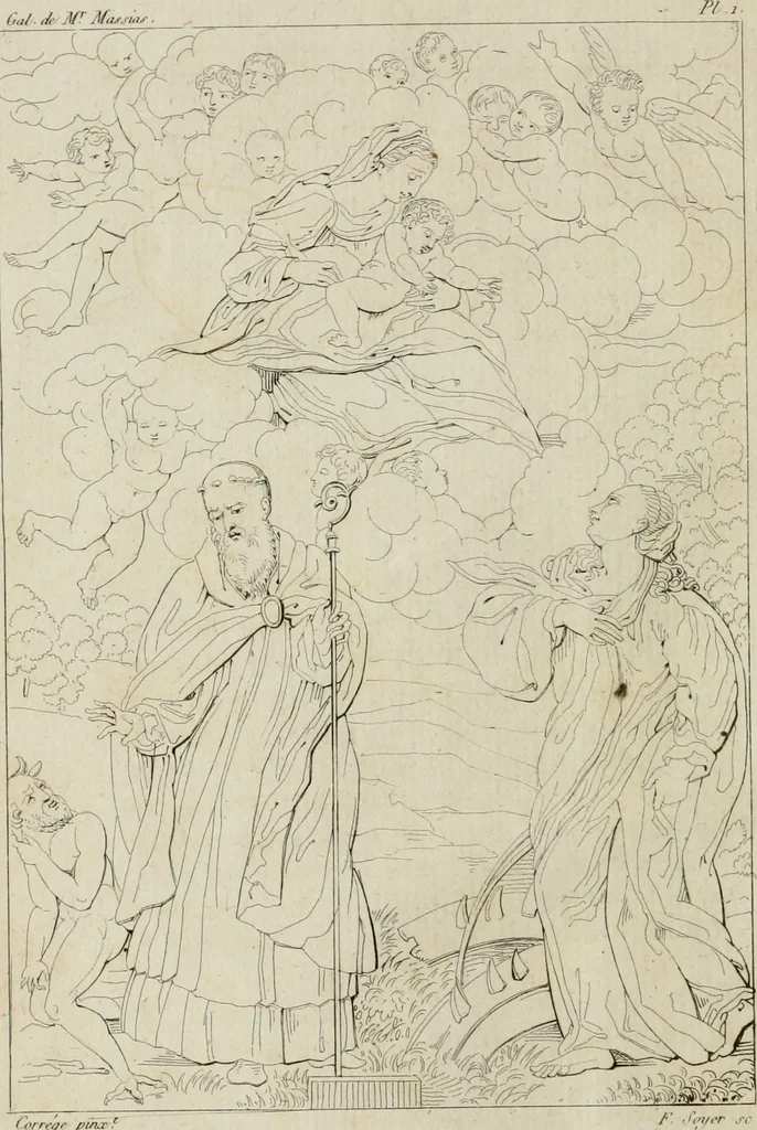 An illustration from Annales du musée et de l'école moderne des beaux-arts : recueil de gravures au trait, d'après les principaux ouvrages de peinture, sculpture, ou projets d'architecture, qui, chaque année, ont remporté le prix, soit aux écoles spéciales, soit aux concours nationaux : les productions des artistes en tous genres, qui, aux différentes expositions, ont été citées avec éloges : les morceaux les plus estimés ou inédits de la galerie de peinture : la suite complète de celle des antiques : édifices anciens et modernes, etc., 1800, leaf 11