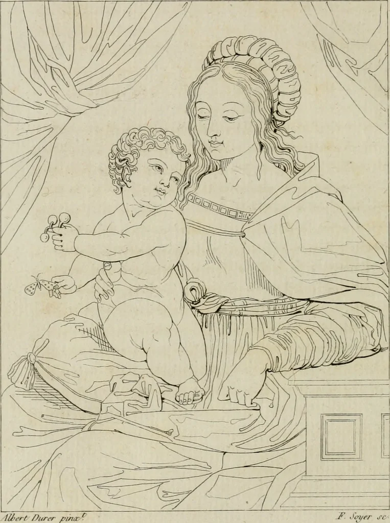 An illustration from Annales du musée et de l'école moderne des beaux-arts : recueil de gravures au trait, d'après les principaux ouvrages de peinture, sculpture, ou projets d'architecture, qui, chaque année, ont remporté le prix, soit aux écoles spéciales, soit aux concours nationaux : les productions des artistes en tous genres, qui, aux différentes expositions, ont été citées avec éloges : les morceaux les plus estimés ou inédits de la galerie de peinture : la suite complète de celle des antiques : édifices anciens et modernes, etc., 1800, leaf 111