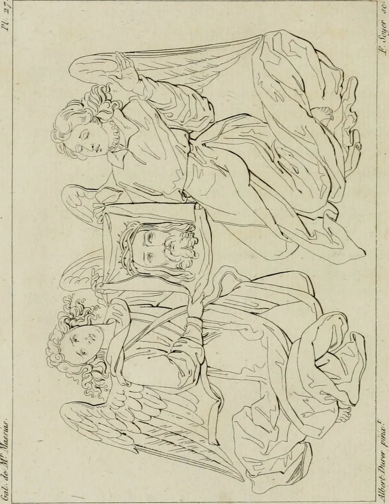 An illustration from Annales du musée et de l'école moderne des beaux-arts : recueil de gravures au trait, d'après les principaux ouvrages de peinture, sculpture, ou projets d'architecture, qui, chaque année, ont remporté le prix, soit aux écoles spéciales, soit aux concours nationaux : les productions des artistes en tous genres, qui, aux différentes expositions, ont été citées avec éloges : les morceaux les plus estimés ou inédits de la galerie de peinture : la suite complète de celle des antiques : édifices anciens et modernes, etc., 1800, leaf 115