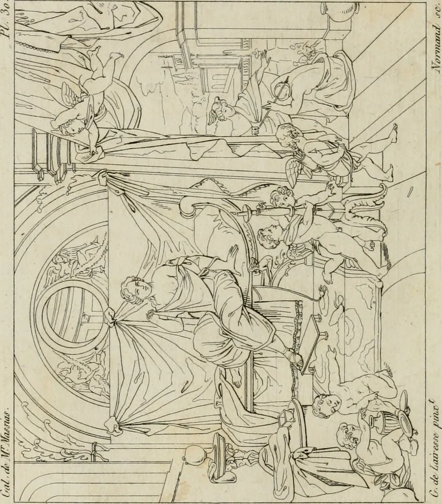 An illustration from Annales du musée et de l'école moderne des beaux-arts : recueil de gravures au trait, d'après les principaux ouvrages de peinture, sculpture, ou projets d'architecture, qui, chaque année, ont remporté le prix, soit aux écoles spéciales, soit aux concours nationaux : les productions des artistes en tous genres, qui, aux différentes expositions, ont été citées avec éloges : les morceaux les plus estimés ou inédits de la galerie de peinture : la suite complète de celle des antiques : édifices anciens et modernes, etc., 1800, leaf 127