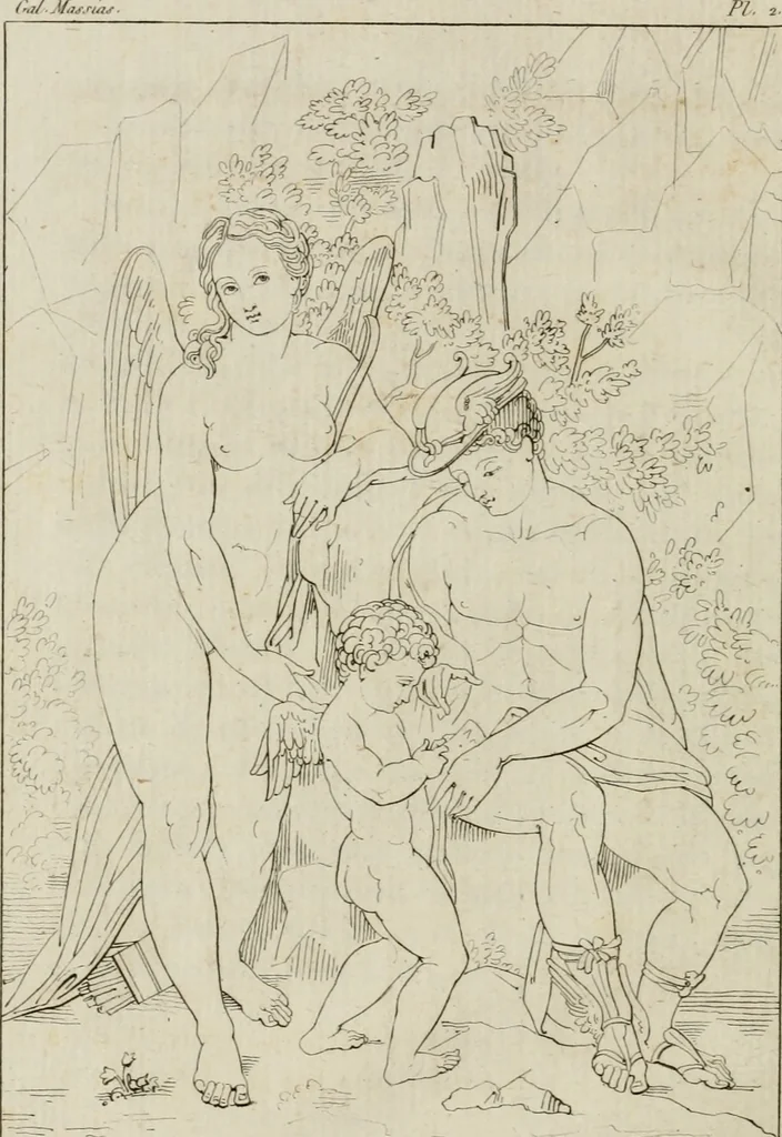 An illustration from Annales du musée et de l'école moderne des beaux-arts : recueil de gravures au trait, d'après les principaux ouvrages de peinture, sculpture, ou projets d'architecture, qui, chaque année, ont remporté le prix, soit aux écoles spéciales, soit aux concours nationaux : les productions des artistes en tous genres, qui, aux différentes expositions, ont été citées avec éloges : les morceaux les plus estimés ou inédits de la galerie de peinture : la suite complète de celle des antiques : édifices anciens et modernes, etc., 1800, leaf 15