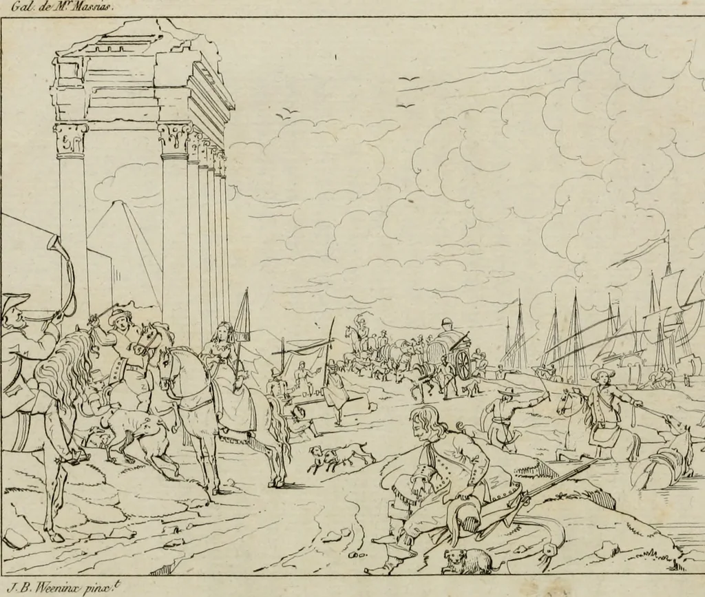 An illustration from Annales du musée et de l'école moderne des beaux-arts : recueil de gravures au trait, d'après les principaux ouvrages de peinture, sculpture, ou projets d'architecture, qui, chaque année, ont remporté le prix, soit aux écoles spéciales, soit aux concours nationaux : les productions des artistes en tous genres, qui, aux différentes expositions, ont été citées avec éloges : les morceaux les plus estimés ou inédits de la galerie de peinture : la suite complète de celle des antiques : édifices anciens et modernes, etc., 1800, leaf 155