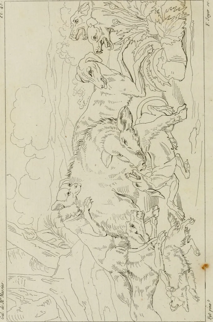 An illustration from Annales du musée et de l'école moderne des beaux-arts : recueil de gravures au trait, d'après les principaux ouvrages de peinture, sculpture, ou projets d'architecture, qui, chaque année, ont remporté le prix, soit aux écoles spéciales, soit aux concours nationaux : les productions des artistes en tous genres, qui, aux différentes expositions, ont été citées avec éloges : les morceaux les plus estimés ou inédits de la galerie de peinture : la suite complète de celle des antiques : édifices anciens et modernes, etc., 1800, leaf 179
