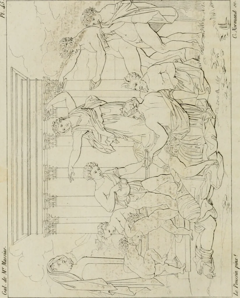 An illustration from Annales du musée et de l'école moderne des beaux-arts : recueil de gravures au trait, d'après les principaux ouvrages de peinture, sculpture, ou projets d'architecture, qui, chaque année, ont remporté le prix, soit aux écoles spéciales, soit aux concours nationaux : les productions des artistes en tous genres, qui, aux différentes expositions, ont été citées avec éloges : les morceaux les plus estimés ou inédits de la galerie de peinture : la suite complète de celle des antiques : édifices anciens et modernes, etc., 1800, leaf 187