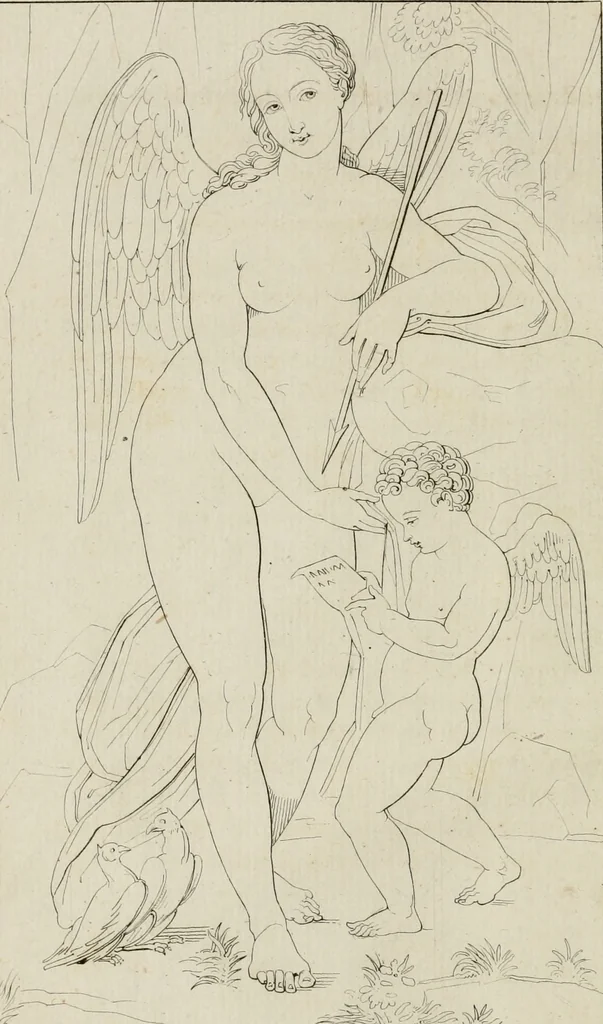 An illustration from Annales du musée et de l'école moderne des beaux-arts : recueil de gravures au trait, d'après les principaux ouvrages de peinture, sculpture, ou projets d'architecture, qui, chaque année, ont remporté le prix, soit aux écoles spéciales, soit aux concours nationaux : les productions des artistes en tous genres, qui, aux différentes expositions, ont été citées avec éloges : les morceaux les plus estimés ou inédits de la galerie de peinture : la suite complète de celle des antiques : édifices anciens et modernes, etc., 1800, leaf 19