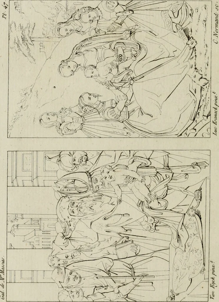 An illustration from Annales du musée et de l'école moderne des beaux-arts : recueil de gravures au trait, d'après les principaux ouvrages de peinture, sculpture, ou projets d'architecture, qui, chaque année, ont remporté le prix, soit aux écoles spéciales, soit aux concours nationaux : les productions des artistes en tous genres, qui, aux différentes expositions, ont été citées avec éloges : les morceaux les plus estimés ou inédits de la galerie de peinture : la suite complète de celle des antiques : édifices anciens et modernes, etc., 1800, leaf 195