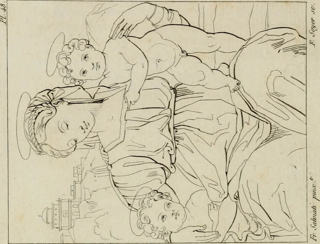 An illustration from Annales du musée et de l'école moderne des beaux-arts : recueil de gravures au trait, d'après les principaux ouvrages de peinture, sculpture, ou projets d'architecture, qui, chaque année, ont remporté le prix, soit aux écoles spéciales, soit aux concours nationaux : les productions des artistes en tous genres, qui, aux différentes expositions, ont été citées avec éloges : les morceaux les plus estimés ou inédits de la galerie de peinture : la suite complète de celle des antiques : édifices anciens et modernes, etc., 1800, leaf 199