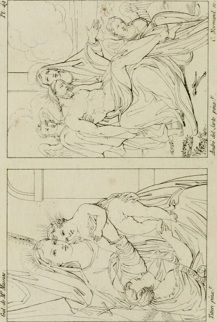 An illustration from Annales du musée et de l'école moderne des beaux-arts : recueil de gravures au trait, d'après les principaux ouvrages de peinture, sculpture, ou projets d'architecture, qui, chaque année, ont remporté le prix, soit aux écoles spéciales, soit aux concours nationaux : les productions des artistes en tous genres, qui, aux différentes expositions, ont été citées avec éloges : les morceaux les plus estimés ou inédits de la galerie de peinture : la suite complète de celle des antiques : édifices anciens et modernes, etc., 1800, leaf 203
