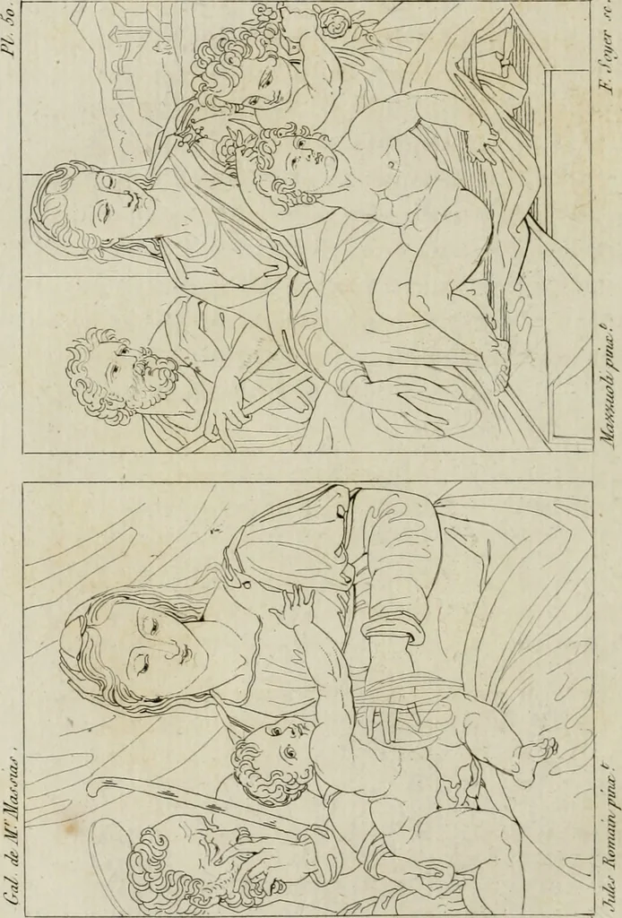 An illustration from Annales du musée et de l'école moderne des beaux-arts : recueil de gravures au trait, d'après les principaux ouvrages de peinture, sculpture, ou projets d'architecture, qui, chaque année, ont remporté le prix, soit aux écoles spéciales, soit aux concours nationaux : les productions des artistes en tous genres, qui, aux différentes expositions, ont été citées avec éloges : les morceaux les plus estimés ou inédits de la galerie de peinture : la suite complète de celle des antiques : édifices anciens et modernes, etc., 1800, leaf 207