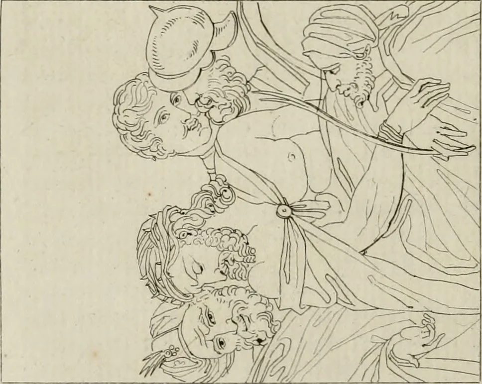 An illustration from Annales du musée et de l'école moderne des beaux-arts : recueil de gravures au trait, d'après les principaux ouvrages de peinture, sculpture, ou projets d'architecture, qui, chaque année, ont remporté le prix, soit aux écoles spéciales, soit aux concours nationaux : les productions des artistes en tous genres, qui, aux différentes expositions, ont été citées avec éloges : les morceaux les plus estimés ou inédits de la galerie de peinture : la suite complète de celle des antiques : édifices anciens et modernes, etc., 1800, leaf 211