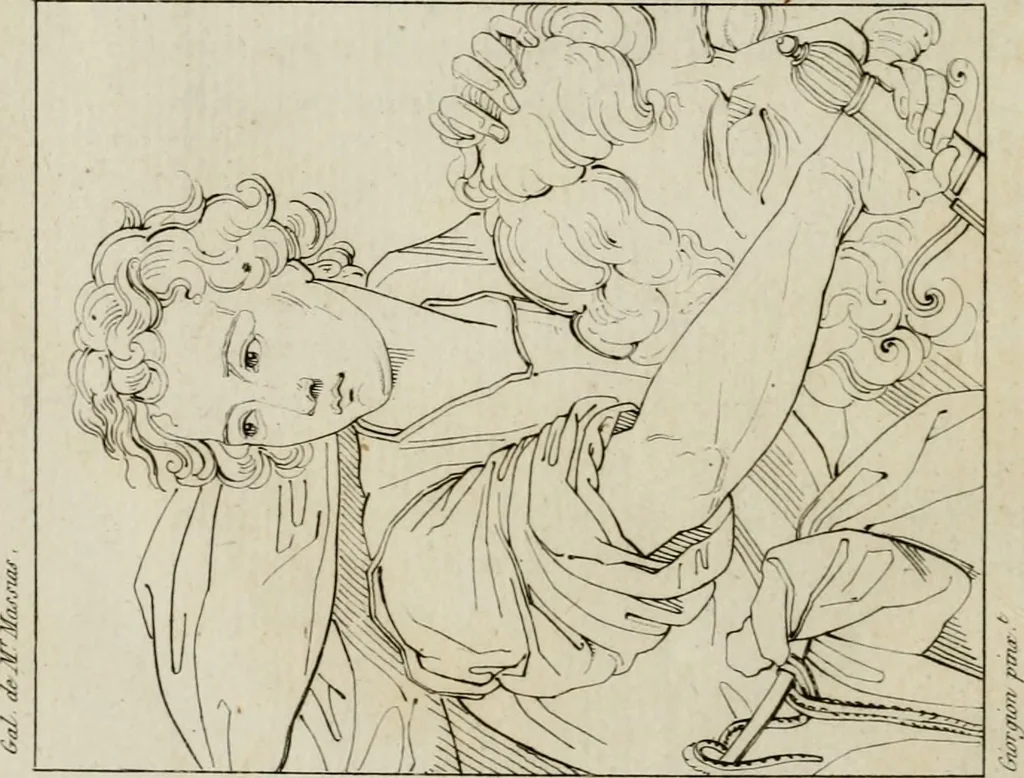 An illustration from Annales du musée et de l'école moderne des beaux-arts : recueil de gravures au trait, d'après les principaux ouvrages de peinture, sculpture, ou projets d'architecture, qui, chaque année, ont remporté le prix, soit aux écoles spéciales, soit aux concours nationaux : les productions des artistes en tous genres, qui, aux différentes expositions, ont été citées avec éloges : les morceaux les plus estimés ou inédits de la galerie de peinture : la suite complète de celle des antiques : édifices anciens et modernes, etc., 1800, leaf 215