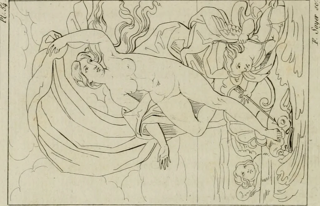 An illustration from Annales du musée et de l'école moderne des beaux-arts : recueil de gravures au trait, d'après les principaux ouvrages de peinture, sculpture, ou projets d'architecture, qui, chaque année, ont remporté le prix, soit aux écoles spéciales, soit aux concours nationaux : les productions des artistes en tous genres, qui, aux différentes expositions, ont été citées avec éloges : les morceaux les plus estimés ou inédits de la galerie de peinture : la suite complète de celle des antiques : édifices anciens et modernes, etc., 1800, leaf 223