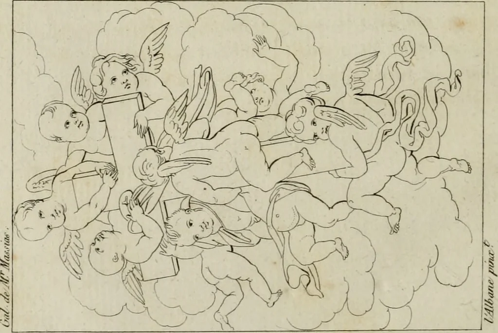 An illustration from Annales du musée et de l'école moderne des beaux-arts : recueil de gravures au trait, d'après les principaux ouvrages de peinture, sculpture, ou projets d'architecture, qui, chaque année, ont remporté le prix, soit aux écoles spéciales, soit aux concours nationaux : les productions des artistes en tous genres, qui, aux différentes expositions, ont été citées avec éloges : les morceaux les plus estimés ou inédits de la galerie de peinture : la suite complète de celle des antiques : édifices anciens et modernes, etc., 1800, leaf 223